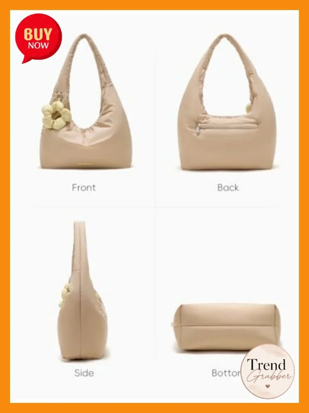 Puffer Hobo Shoulder Bag with Flower Keychain, 14
